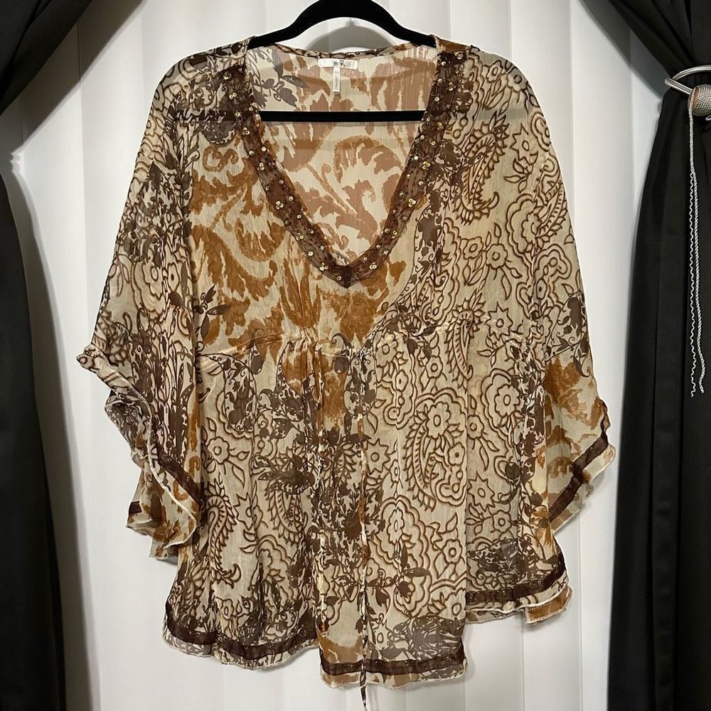 Metro Seven sheer brown/tan with gold sequins detailing top, drawstring around w
